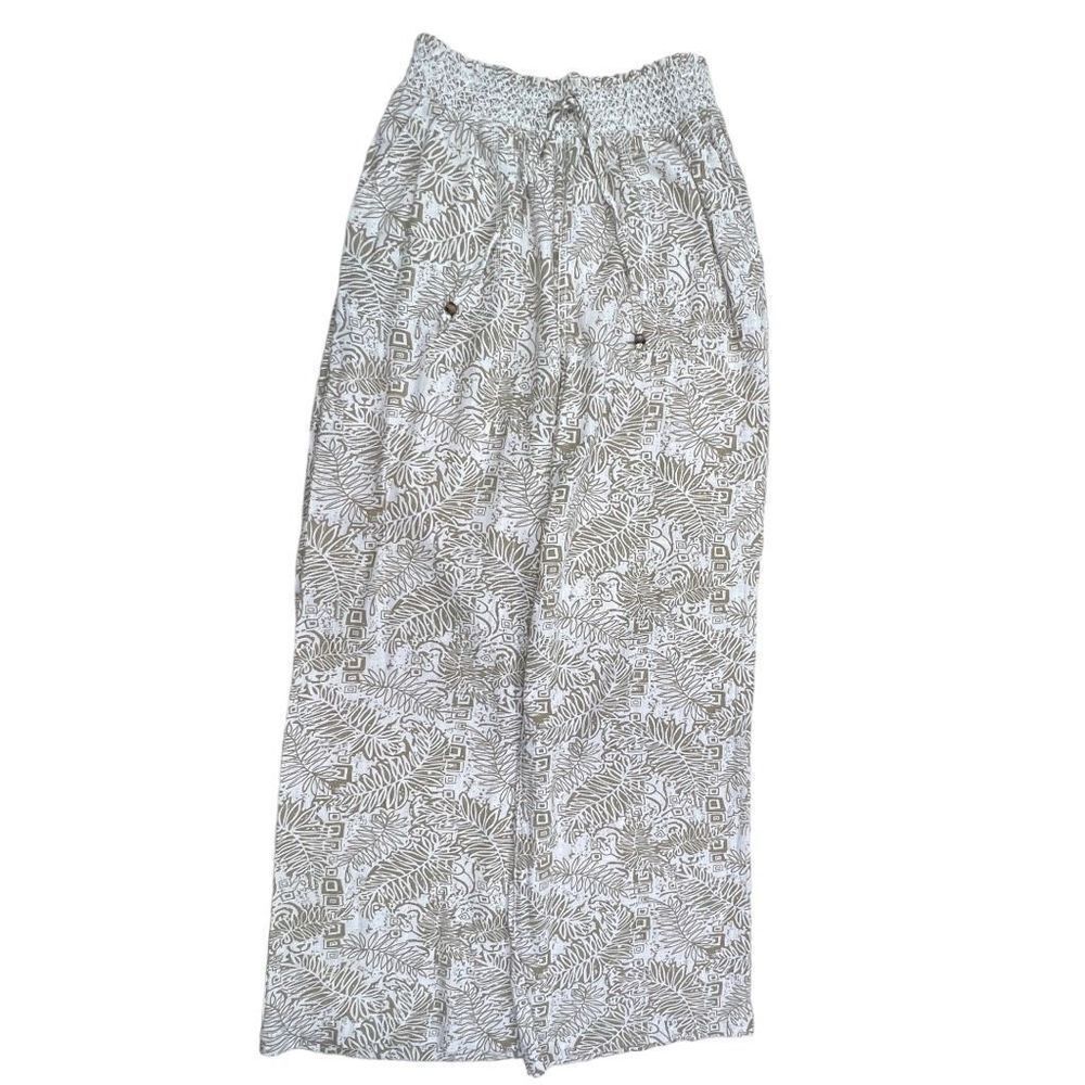 Cali 1850  Women's Bohemian Linen Blend Wide Leg Pants Tan White Size Large